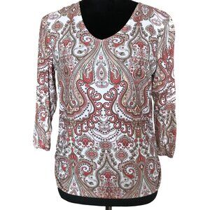 Chico’s Paisley Shirt: Ruched Sides V-Neck Top, Red Brown Cream, Size 1